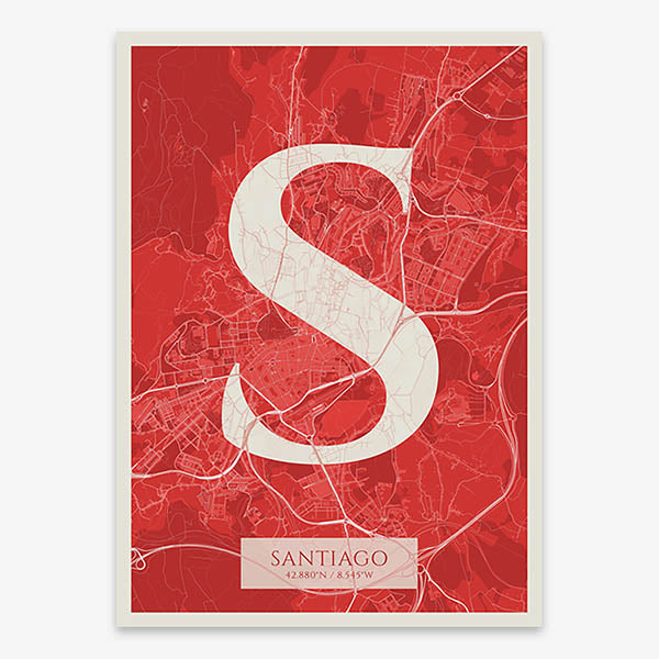 Decorative map of Santiago de Compostela composed with letters in serif font printed on red and an off-white background