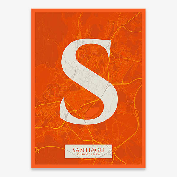 Decorative map of Santiago de Compostela composed with letters in serif font printed on orange and an off-white background