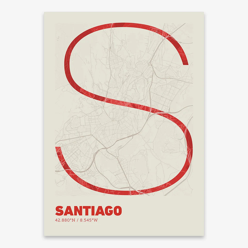 Poster of Santiago de Compostela composed with letters in extra light font printed on red and an off-white background