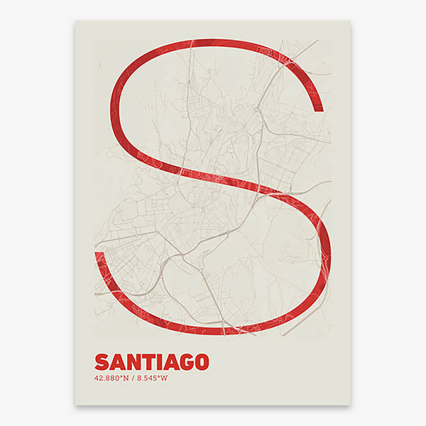 Poster of Santiago de Compostela composed with letters in extra light font printed on red and an off-white background