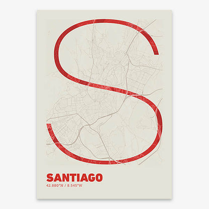 Poster of Santiago de Compostela composed with letters in extra light font printed on red and an off-white background