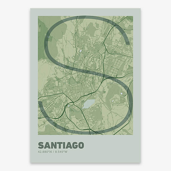 Poster of Santiago de Compostela composed with letters in extra light font printed on two green tones