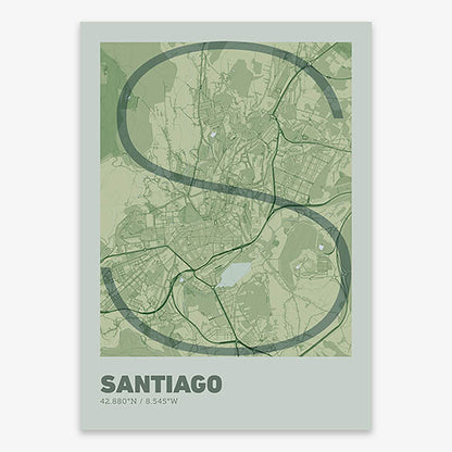 Poster of Santiago de Compostela composed with letters in extra light font printed on two green tones
