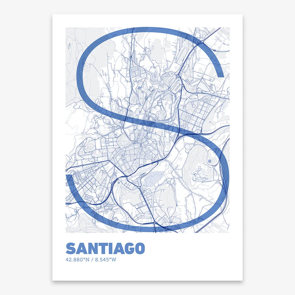 Poster of Santiago de Compostela composed with letters in extra light font printed on navy blue and white