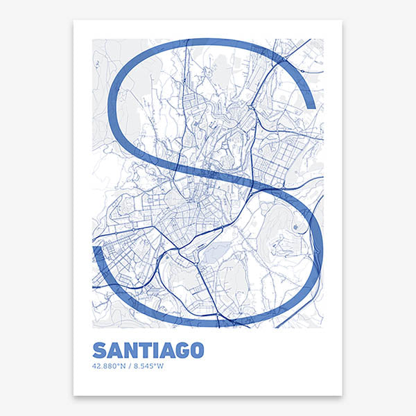 Poster of Santiago de Compostela composed with letters in extra light font printed on navy blue and white
