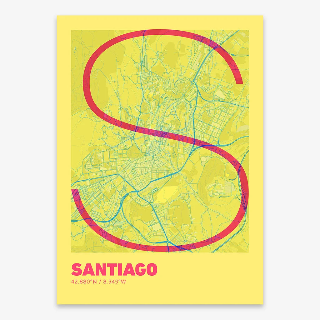 Poster of Santiago de Compostela composed with letters in extra light font printed on yellow and fuchsia