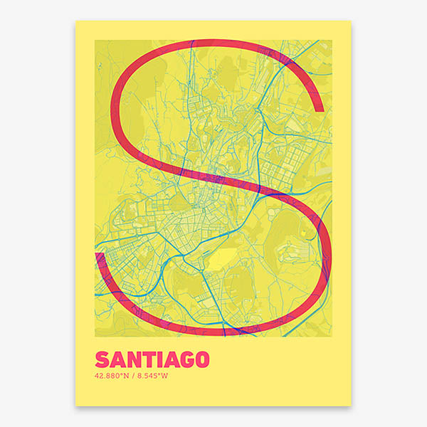 Poster of Santiago de Compostela composed with letters in extra light font printed on yellow and fuchsia