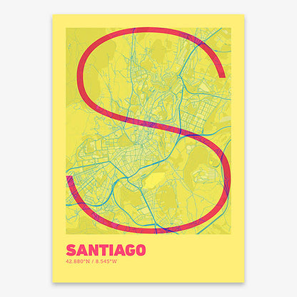 Poster of Santiago de Compostela composed with letters in extra light font printed on yellow and fuchsia
