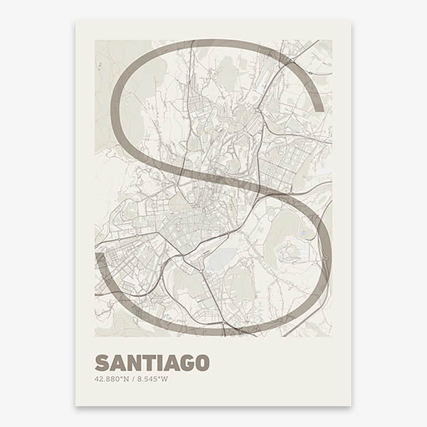 Poster of Santiago de Compostela composed with letters in extra light font printed on light brown and an off-white background