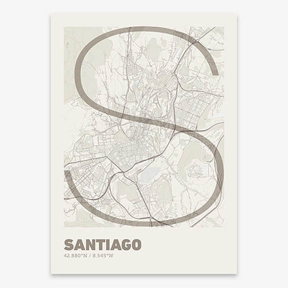 Poster of Santiago de Compostela composed with letters in extra light font printed on light brown and an off-white background