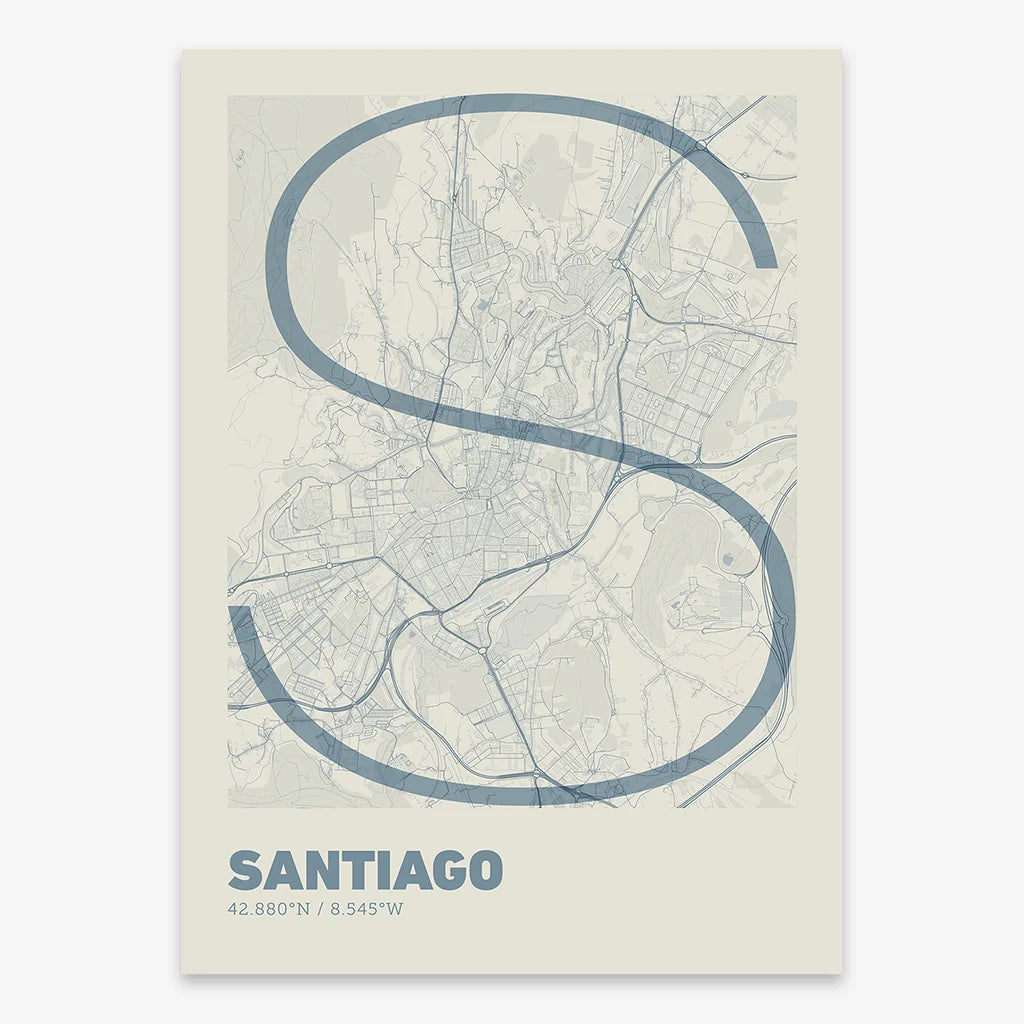 Poster of Santiago de Compostela composed with letters in extra light font printed on bluish gray and an off-white background