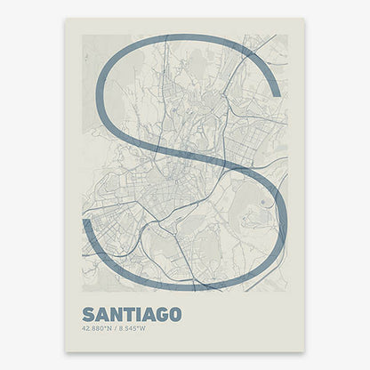 Poster of Santiago de Compostela composed with letters in extra light font printed on bluish gray and an off-white background