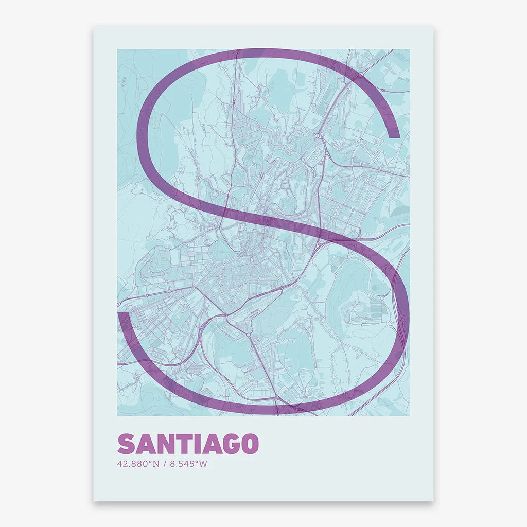 Poster of Santiago de Compostela composed with letters in extra light font printed on purple and light blue