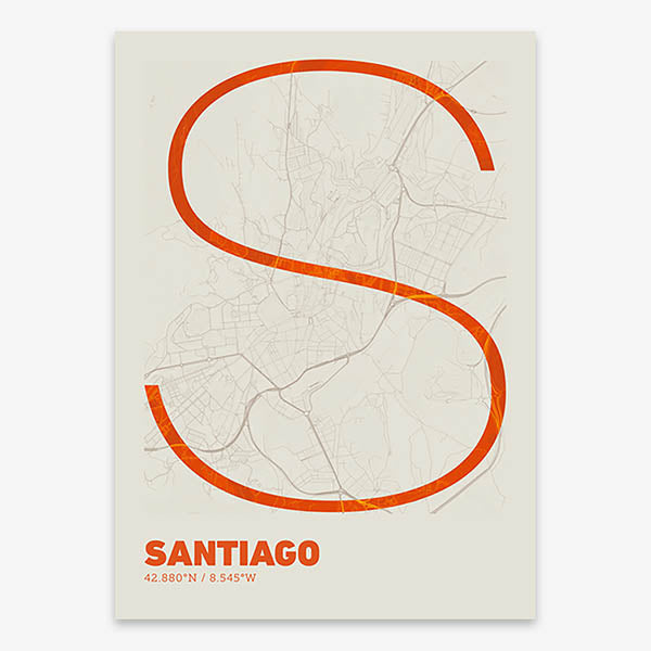 Poster of Santiago de Compostela composed with letters in extra light font printed on orange and an off-white background