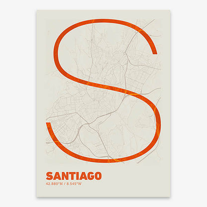 Poster of Santiago de Compostela composed with letters in extra light font printed on orange and an off-white background