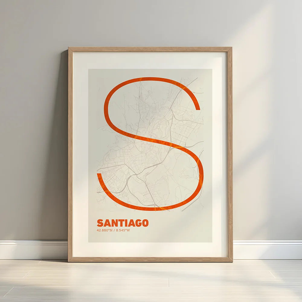 Framed Santiago de Compostela in Ultralight design, a minimalist aesthetic combining urban cartography with modern, extra-thin elegant lettering designed in orange and an off-white background with a white margin border in a warm lit minimalist setting