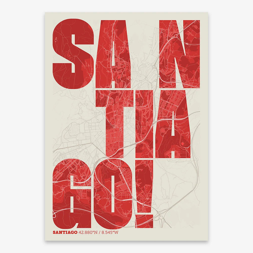 Decorative print of Santiago de Compostela with letters of its name placed randomly, designed in red and an off-white background