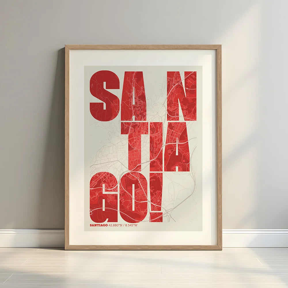 Framed Santiago de Compostela in Unruled design, where the city name letters appear randomly across different lines for a truly original urban layout designed in red and an off-white background with a white margin border in a warm lit minimalist setting