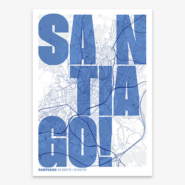 Decorative print of Santiago de Compostela with letters of its name placed randomly, designed in navy blue and white