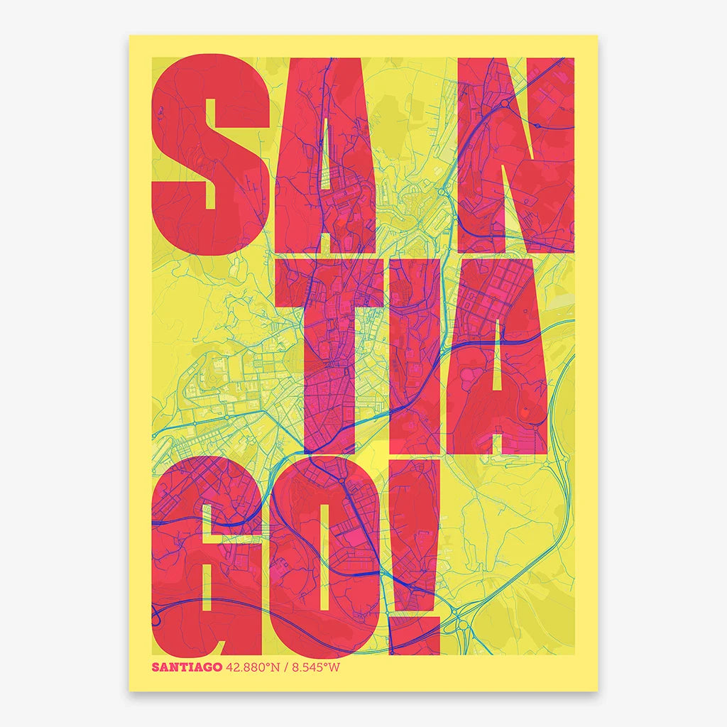 Decorative print of Santiago de Compostela with letters of its name placed randomly, designed in yellow and fuchsia