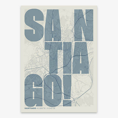 Decorative print of Santiago de Compostela with letters of its name placed randomly, designed in bluish gray and an off-white background