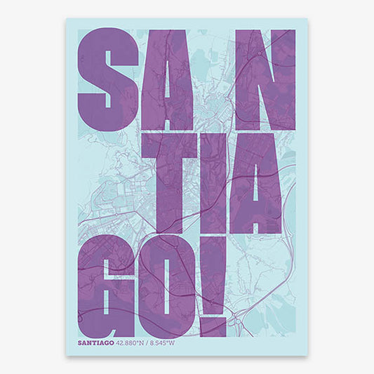 Decorative print of Santiago de Compostela with letters of its name placed randomly, designed in purple and light blue