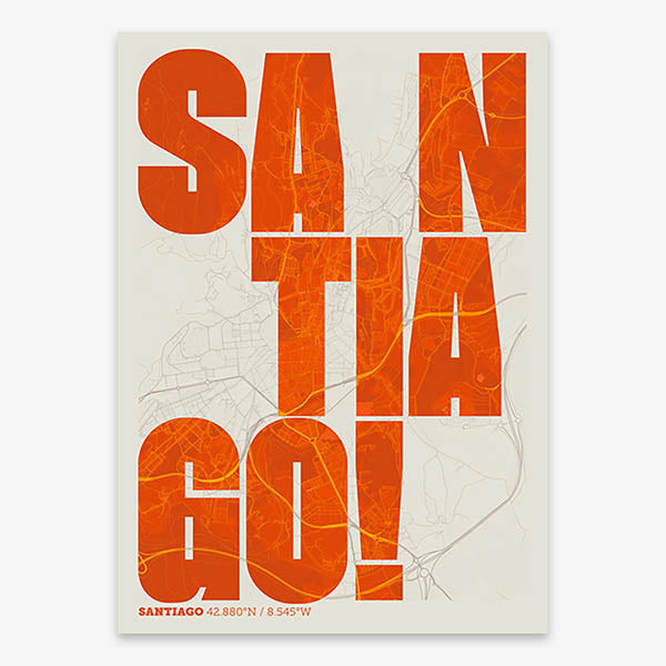 Decorative print of Santiago de Compostela with letters of its name placed randomly, designed in orange and an off-white background