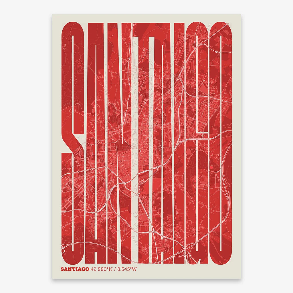 Decorative map of Santiago de Compostela and letters of its name in a giclée print designed in red and an off-white background