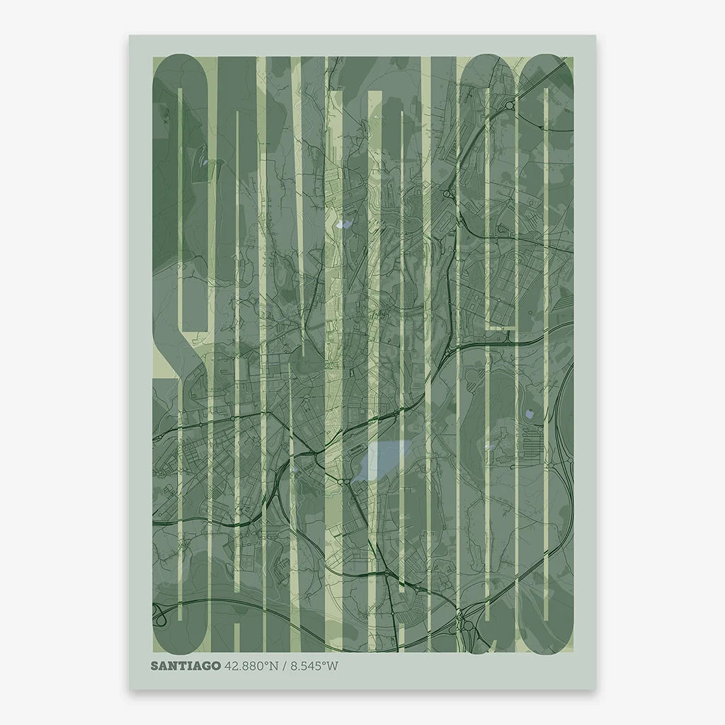 Decorative map of Santiago de Compostela and letters of its name in a giclée print designed in two green tones