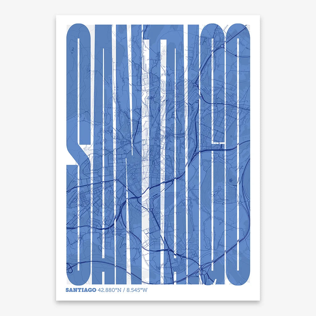 Decorative map of Santiago de Compostela and letters of its name in a giclée print designed in navy blue and white