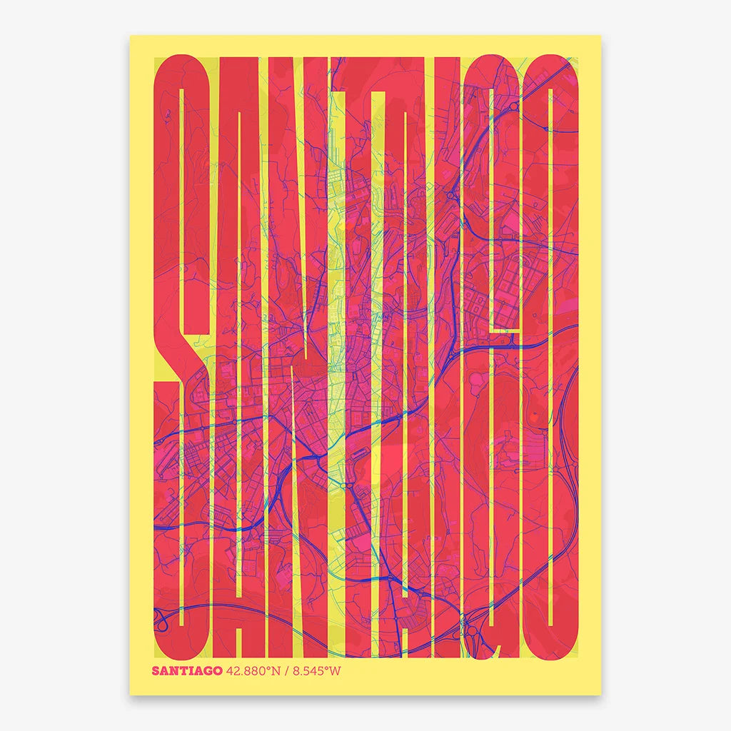 Decorative map of Santiago de Compostela and letters of its name in a giclée print designed in yellow and fuchsia