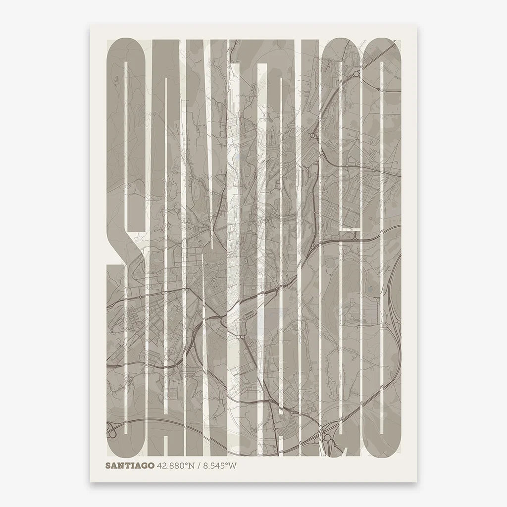 Decorative map of Santiago de Compostela and letters of its name in a giclée print designed in light brown and an off-white background