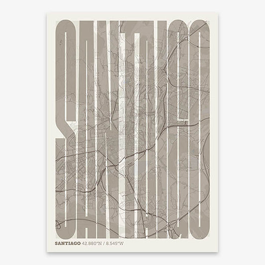 Decorative map of Santiago de Compostela and letters of its name in a giclée print designed in light brown and an off-white background