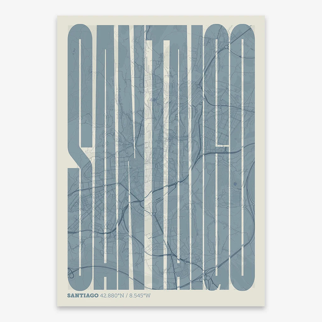 Decorative map of Santiago de Compostela and letters of its name in a giclée print designed in bluish gray and an off-white background
