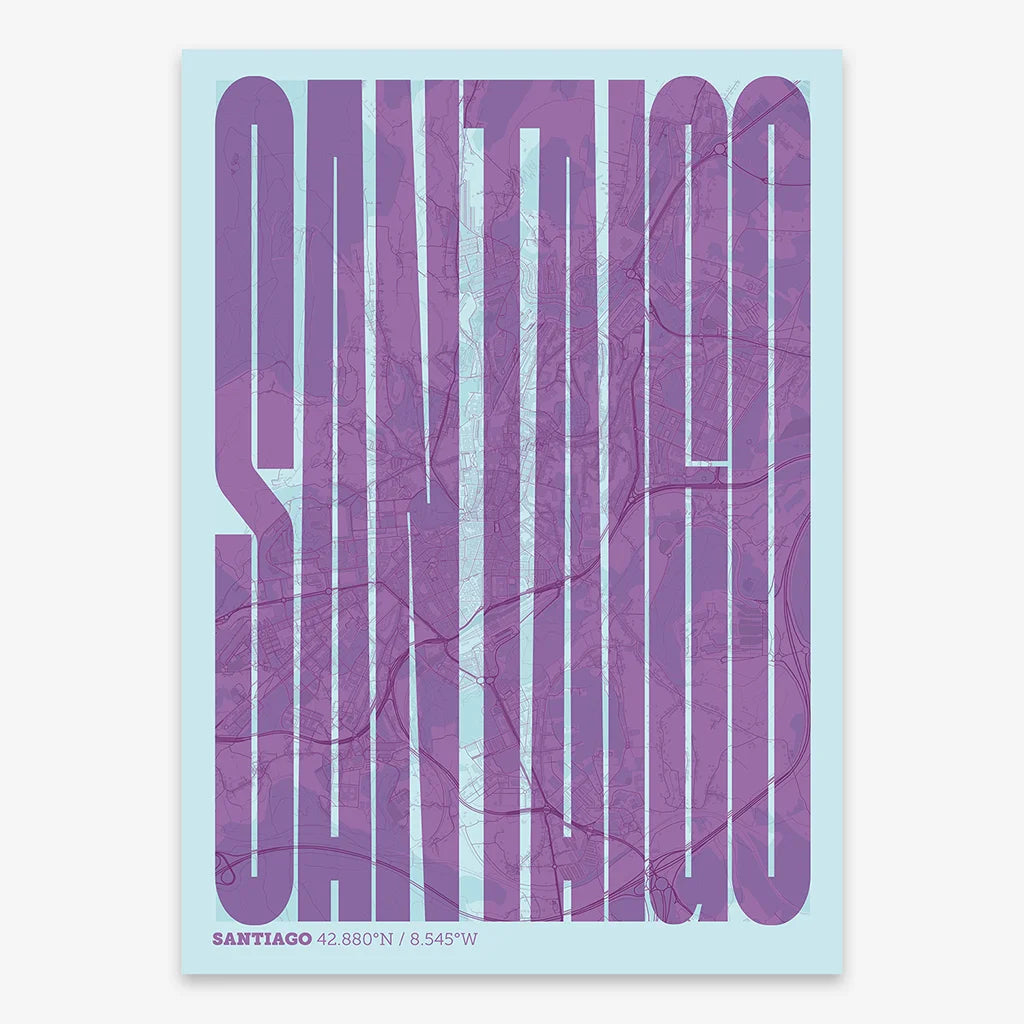 Decorative map of Santiago de Compostela and letters of its name in a giclée print designed in purple and light blue
