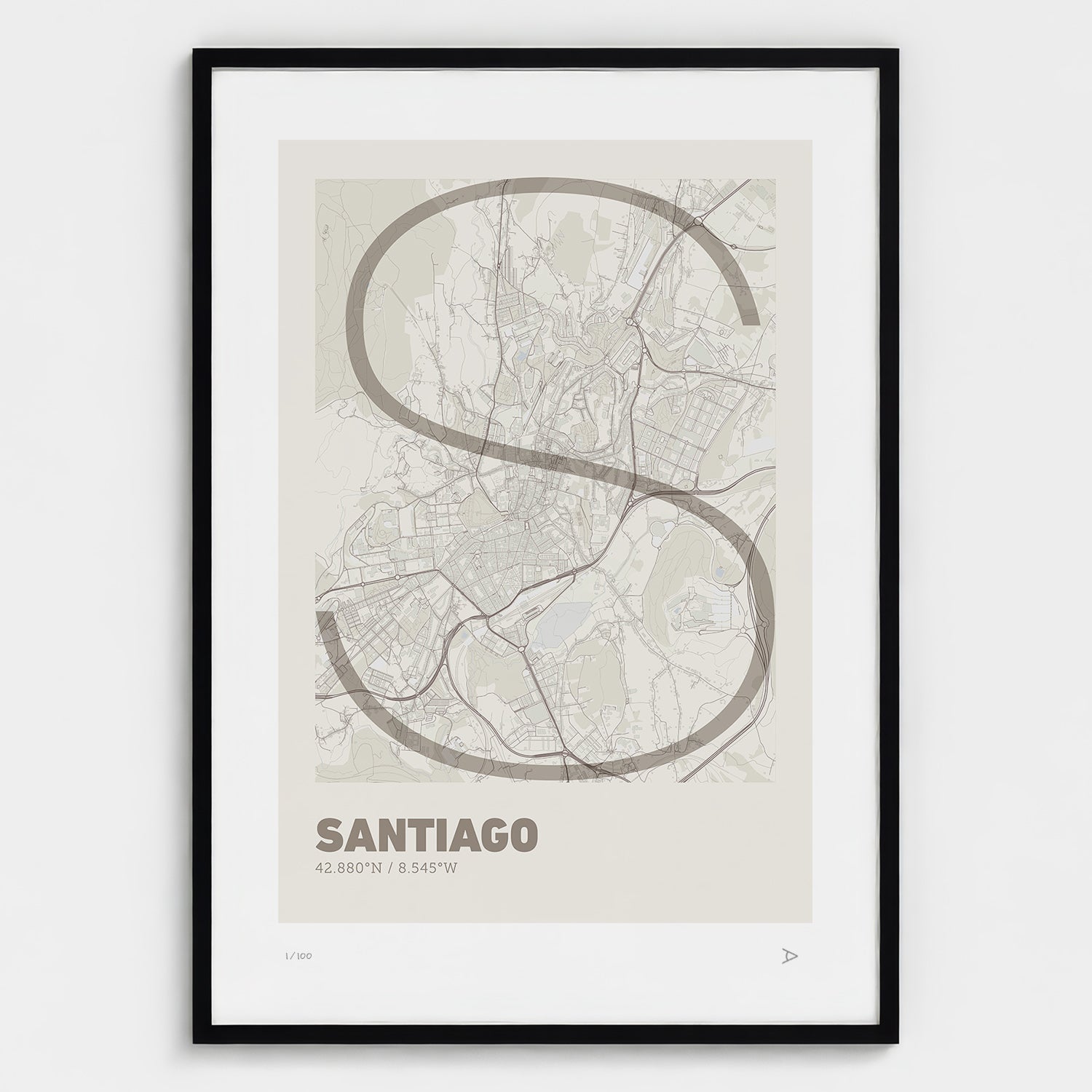 Lámina tipográfica de Santiago de Compostela – diseño Ultrafina, marco negro