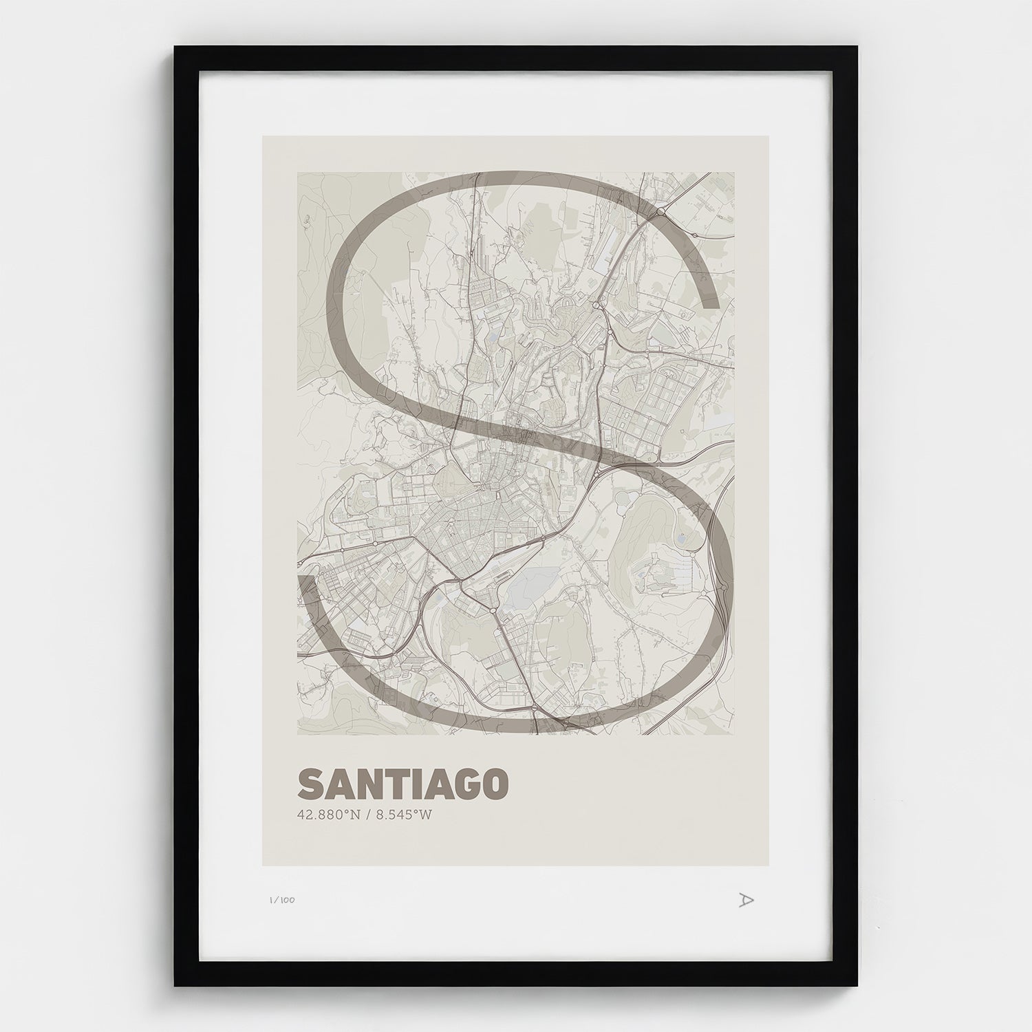 Lámina tipográfica de Santiago de Compostela – diseño Ultrafina, marco negro