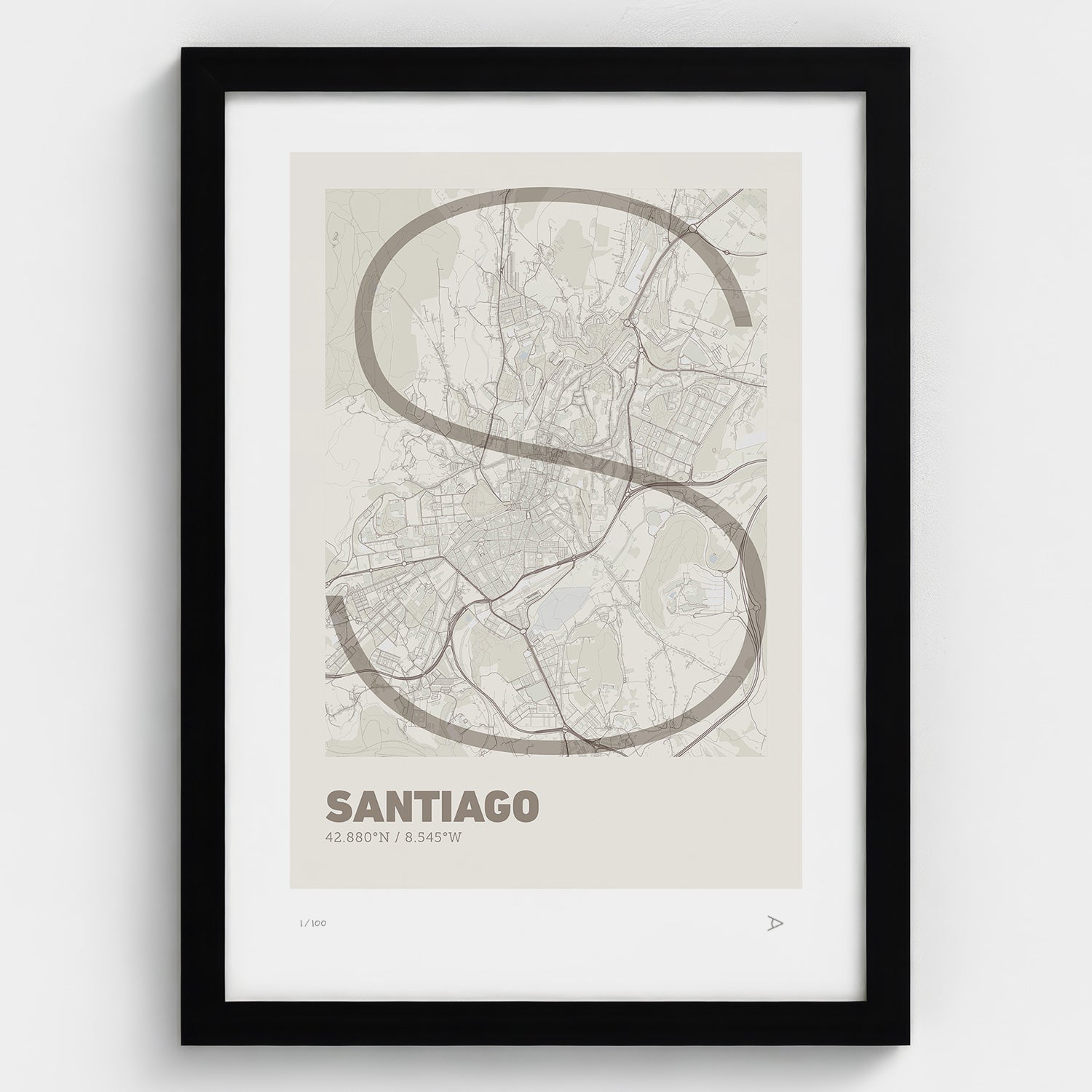 Lámina tipográfica de Santiago de Compostela – diseño Ultrafina, marco negro