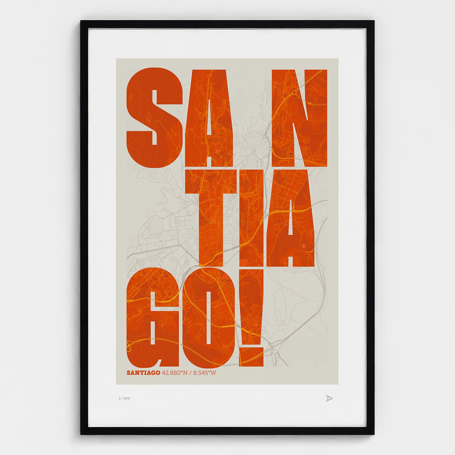 Lámina tipográfica de Santiago de Compostela – diseño Revoltosa, marco negro