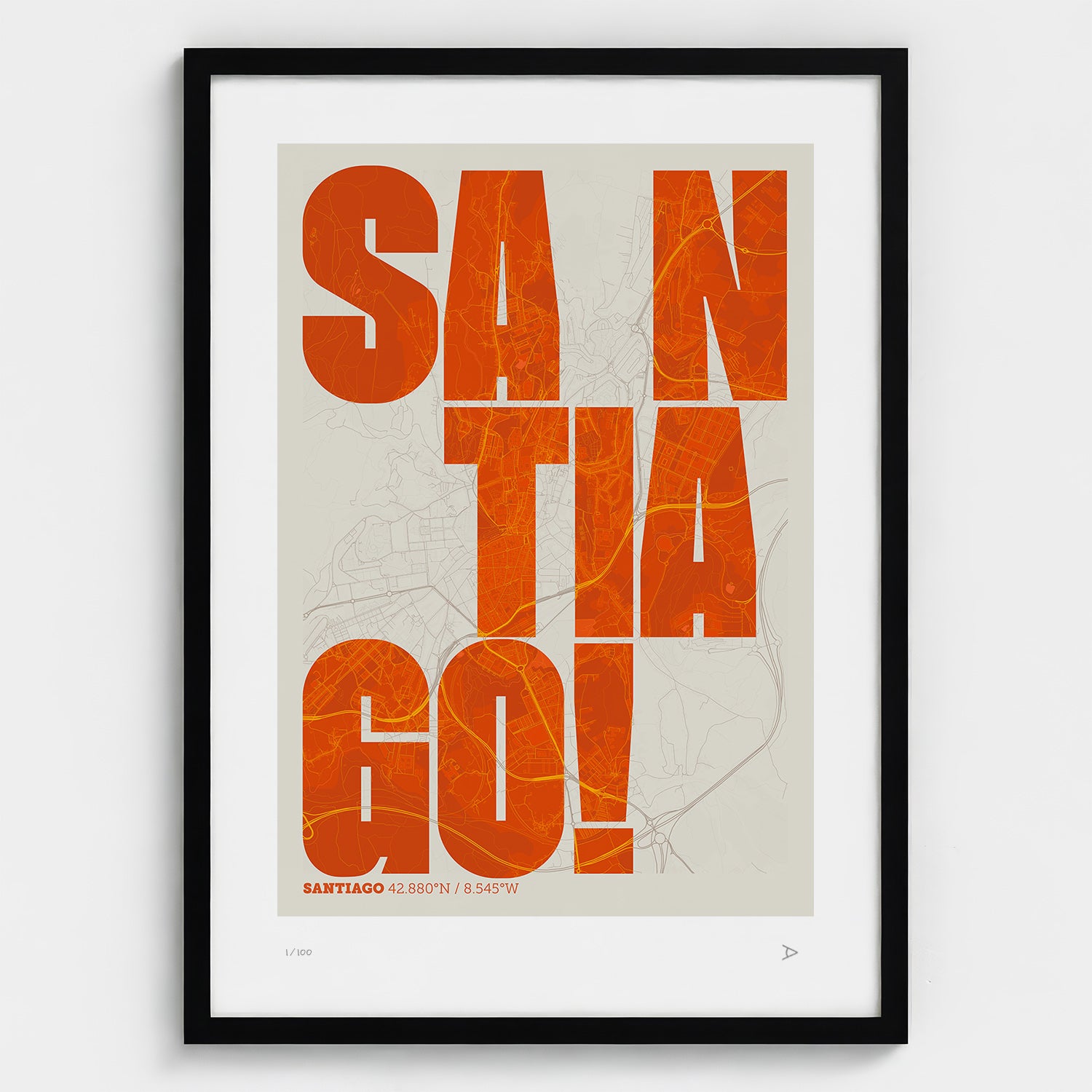 Lámina tipográfica de Santiago de Compostela – diseño Revoltosa, marco negro