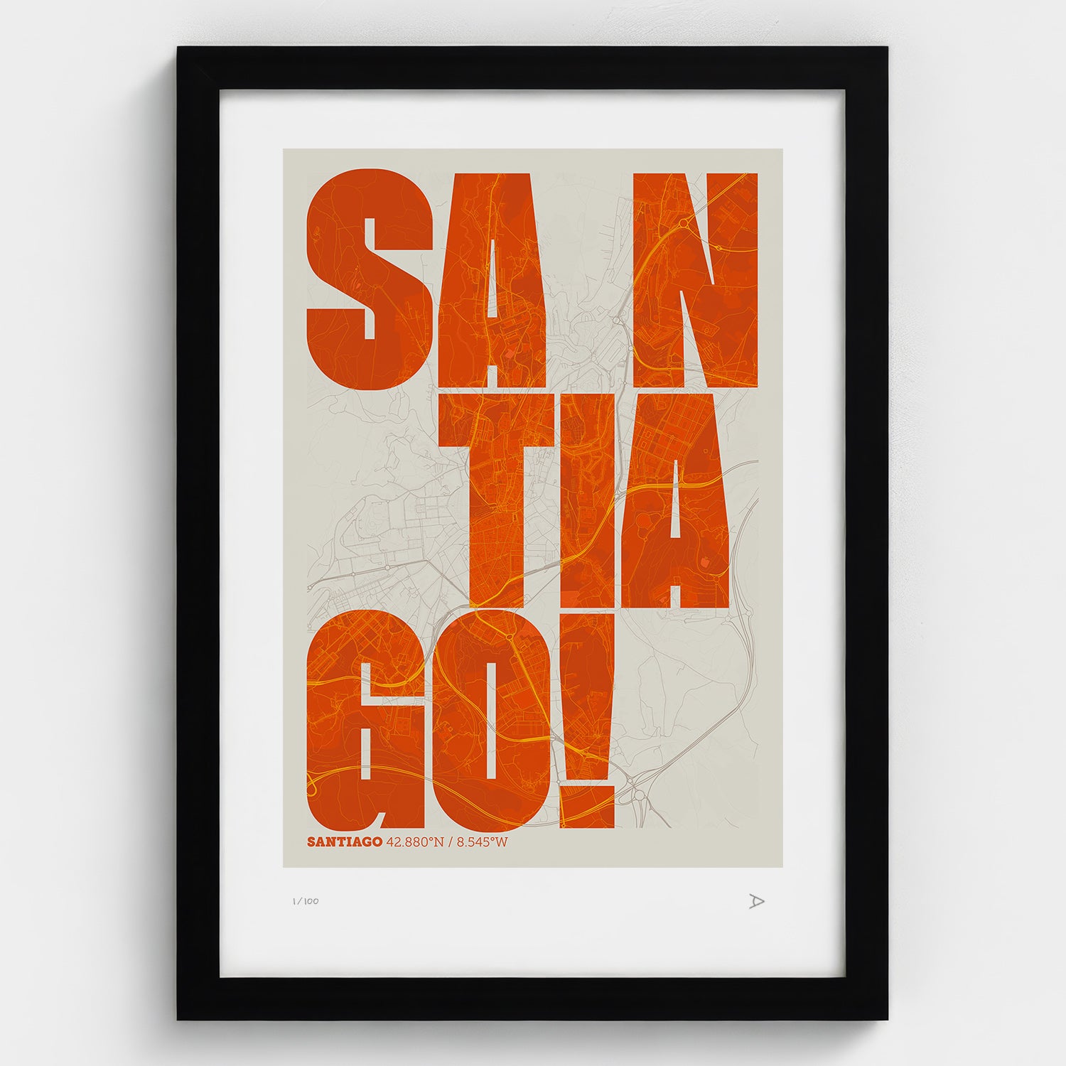 Lámina tipográfica de Santiago de Compostela – diseño Revoltosa, marco negro