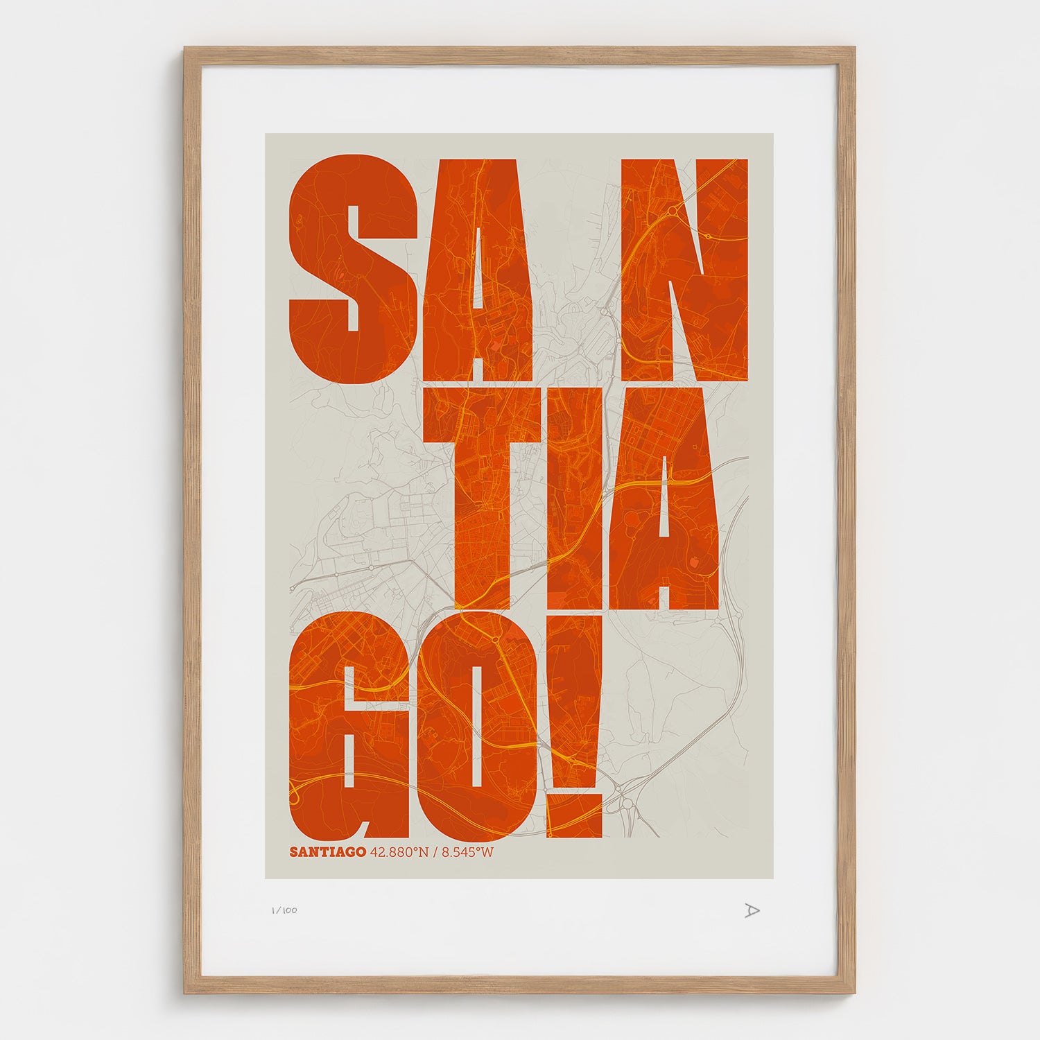 Lámina tipográfica de Santiago de Compostela – diseño Revoltosa, marco de madera natural