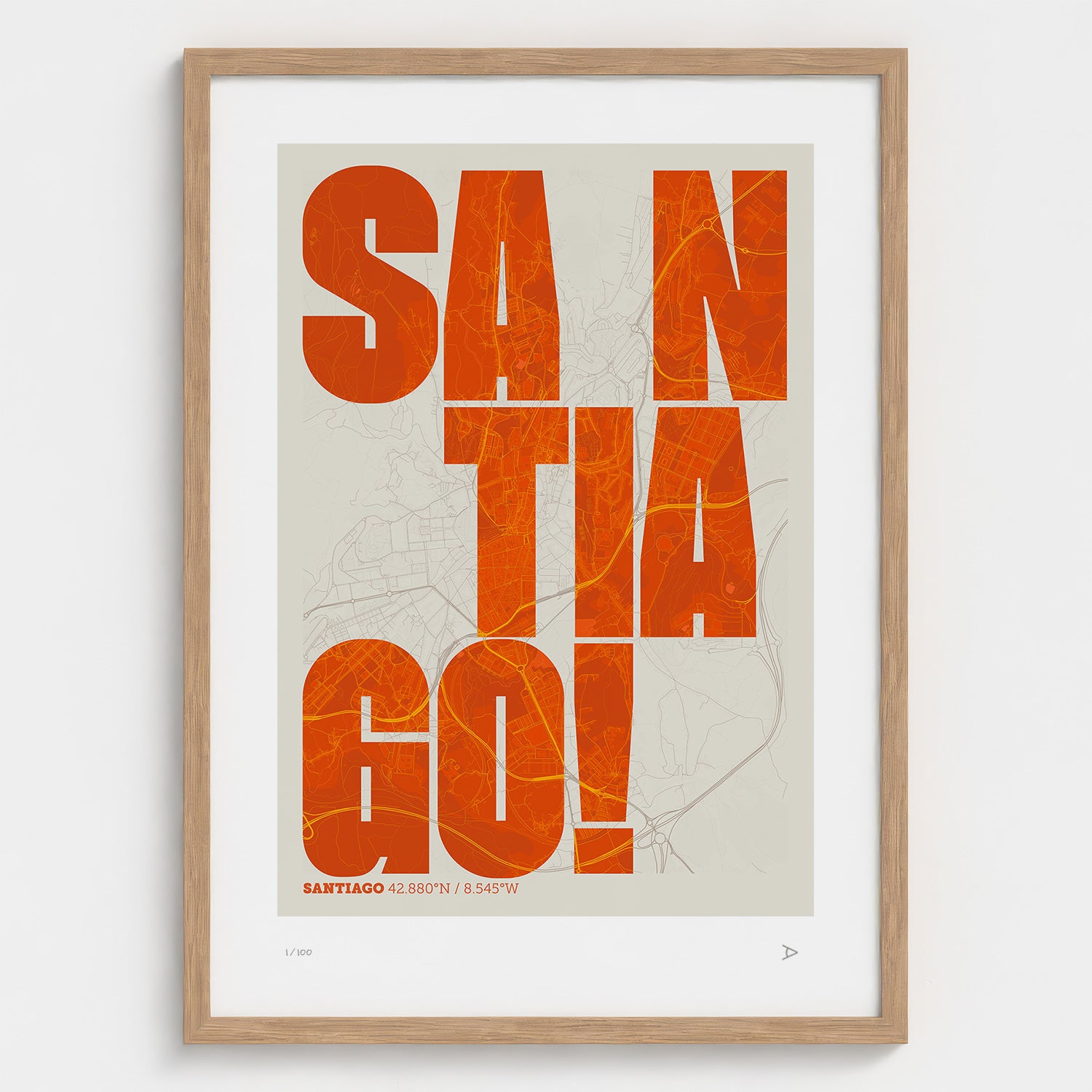 Lámina tipográfica de Santiago de Compostela – diseño Revoltosa, marco de madera natural