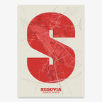 Decorative print of Segovia composed with letters in a heavy geometric font printed on red and an off-white background