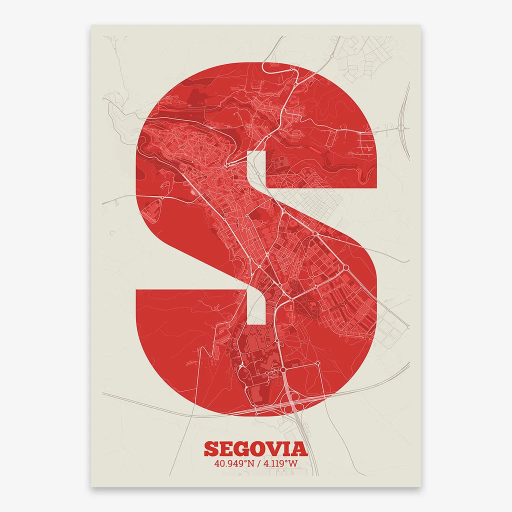 Decorative print of Segovia composed with letters in a heavy geometric font printed on red and an off-white background