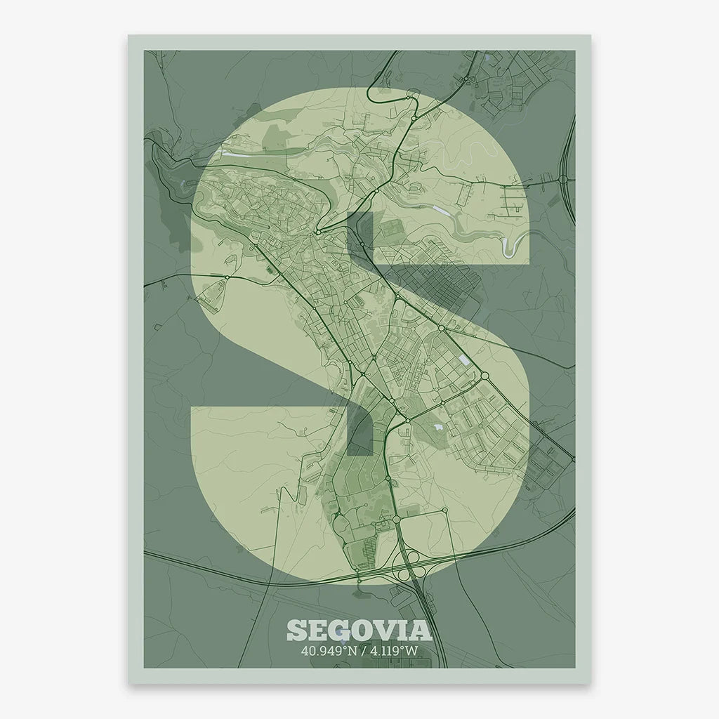 Decorative print of Segovia composed with letters in a heavy geometric font printed on two green tones