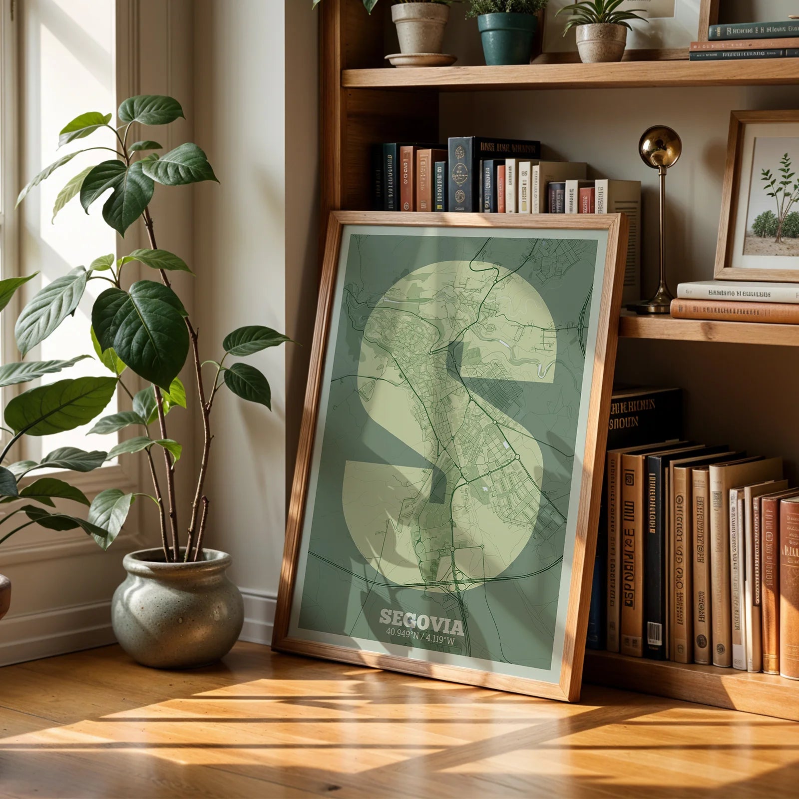 Modern interior design with a Segovia in Super Bold design, a typographic poster where the city map is overlaid with extra-thick lettering for a modern, high-impact look designed in two green tones, displayed on a living room wall