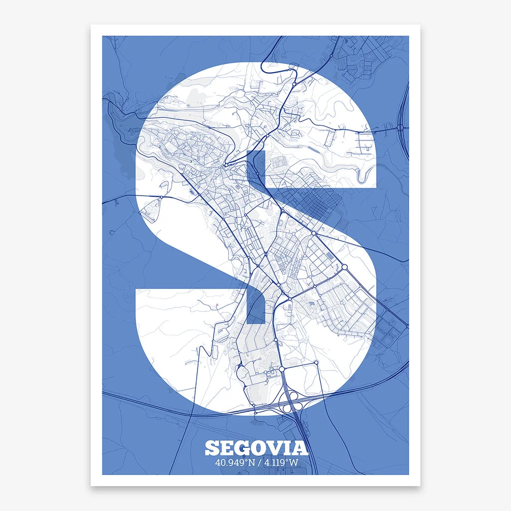 Decorative print of Segovia composed with letters in a heavy geometric font printed on navy blue and white