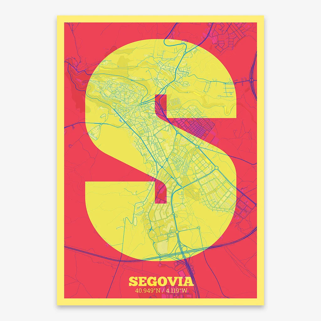 Decorative print of Segovia composed with letters in a heavy geometric font printed on yellow and fuchsia