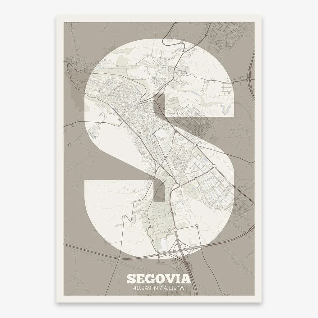 Decorative print of Segovia composed with letters in a heavy geometric font printed on light brown and an off-white background